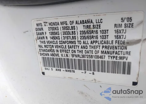 2005 Honda Odyssey Ex-L z USA, uszkodzony, nr VIN 5FNRL38725B108467